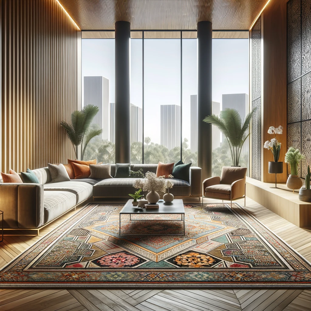 Luxe woonkamer interieur met een groot handgemaakt Atlas tapijt, moderne meubels en kamerhoge ramen met uitzicht op de stad.