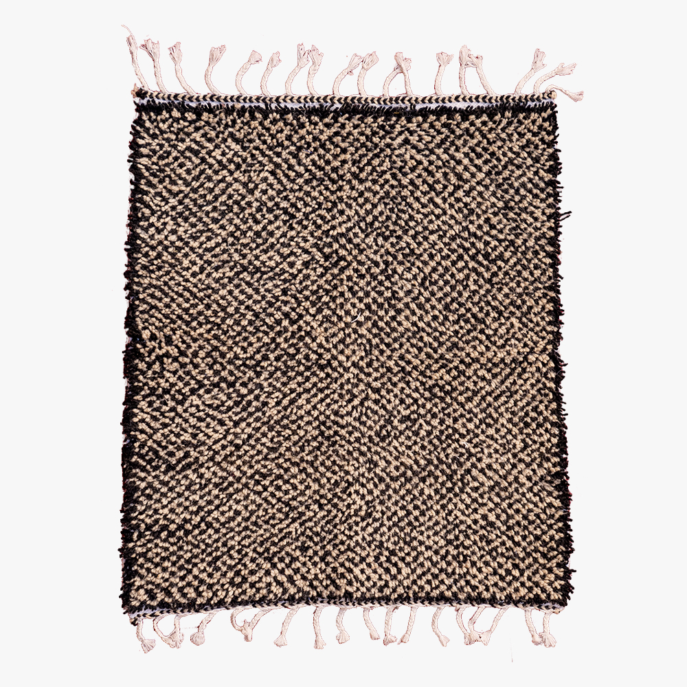 Authentiek Berber tapijt met bruine en crèmekleurige patronen en franjes.