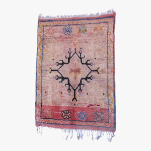 Handgemaakt Berber tapijt met een centraal sterpatroon en sierlijke randen in warme aardetinten, versierd met blauwe en rode accenten.