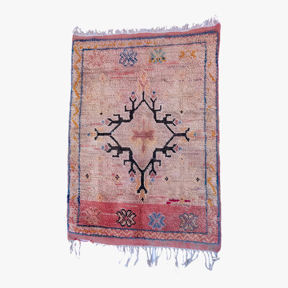 Handgemaakt Berber tapijt met een centraal sterpatroon en sierlijke randen in warme aardetinten, versierd met blauwe en rode accenten.