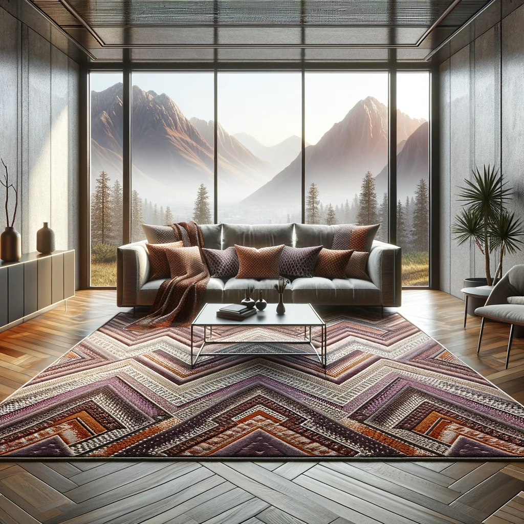Moderne woonkamer met een groot geometrisch patroon handgemaakt tapijt en panoramisch uitzicht op de bergen.