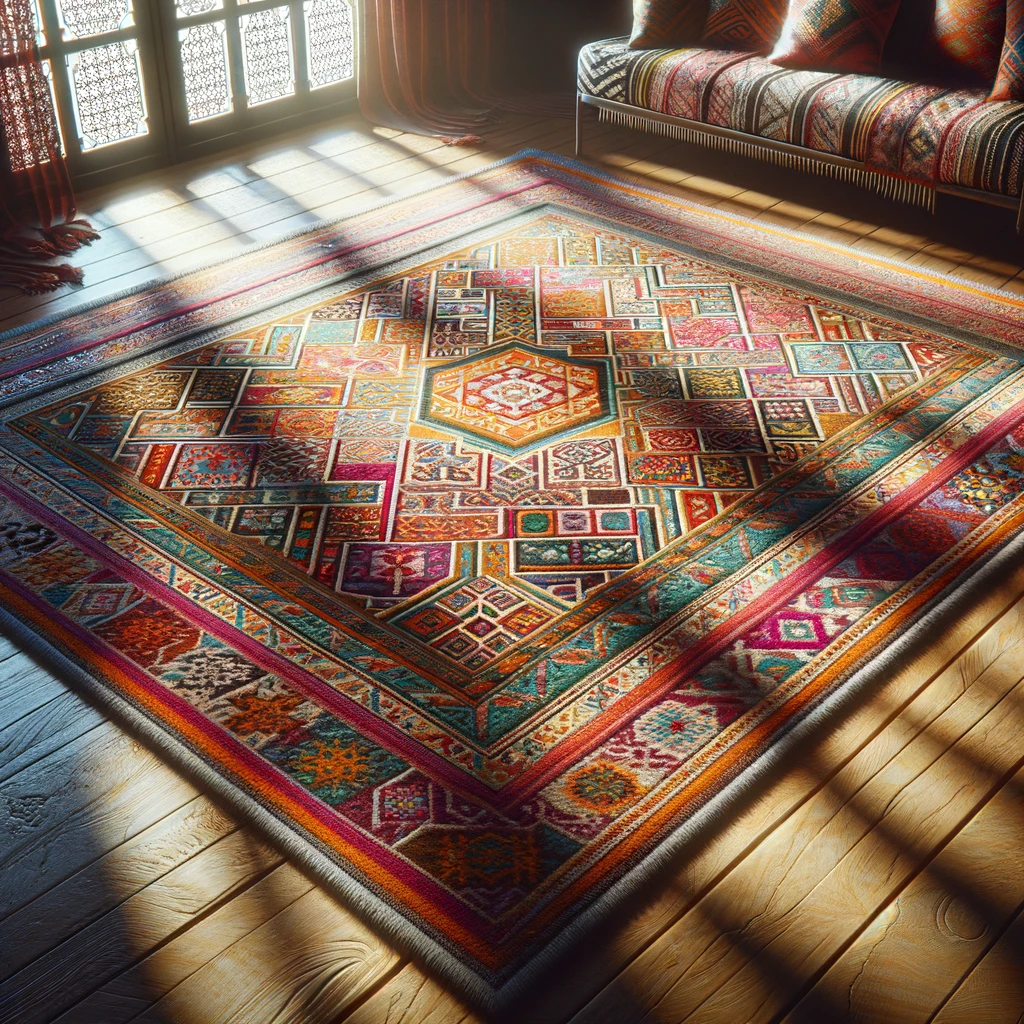 Traditioneel Marokkaans tapijt met kleurrijk geometrisch ontwerp op een houten vloer in een zonovergoten kamer met sierlijke houtsnijramen.