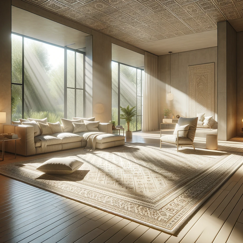 Lichtovergoten woonkamer met grote neutraal gekleurde handgemaakte tapijt, moderne beige banken en grote ramen met uitzicht op groen.